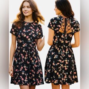 Xhilaration Black Floral Midi Dress XS | Short Sleeve Boho Chic Flowy Skirt